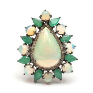 Sterling Diamond Opal Emerald Ring