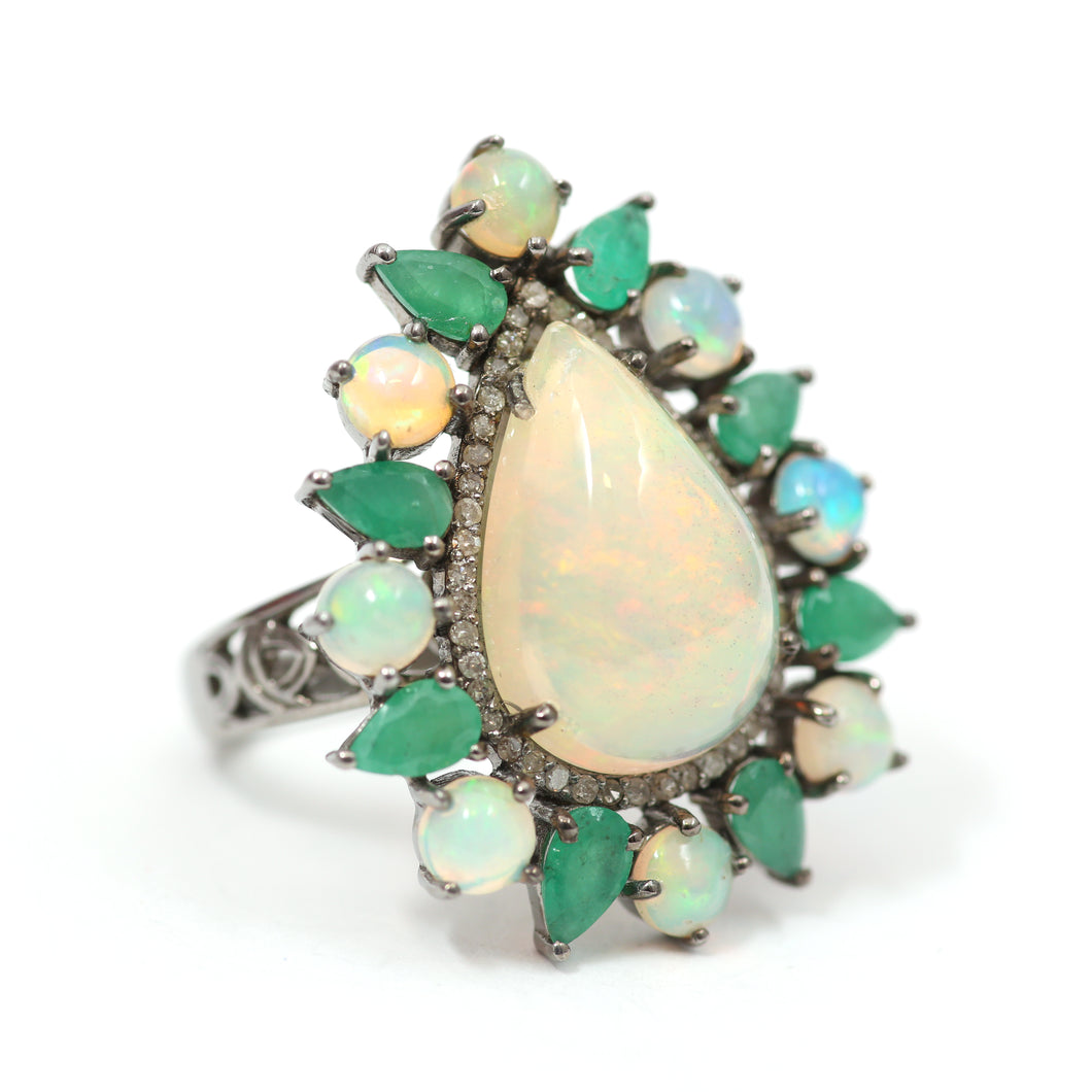 Sterling Diamond Opal Emerald Ring
