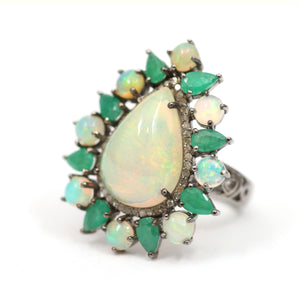 Sterling Diamond Opal Emerald Ring