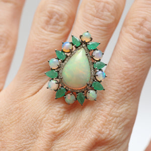 Sterling Diamond Opal Emerald Ring
