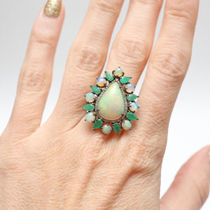 Sterling Diamond Opal Emerald Ring