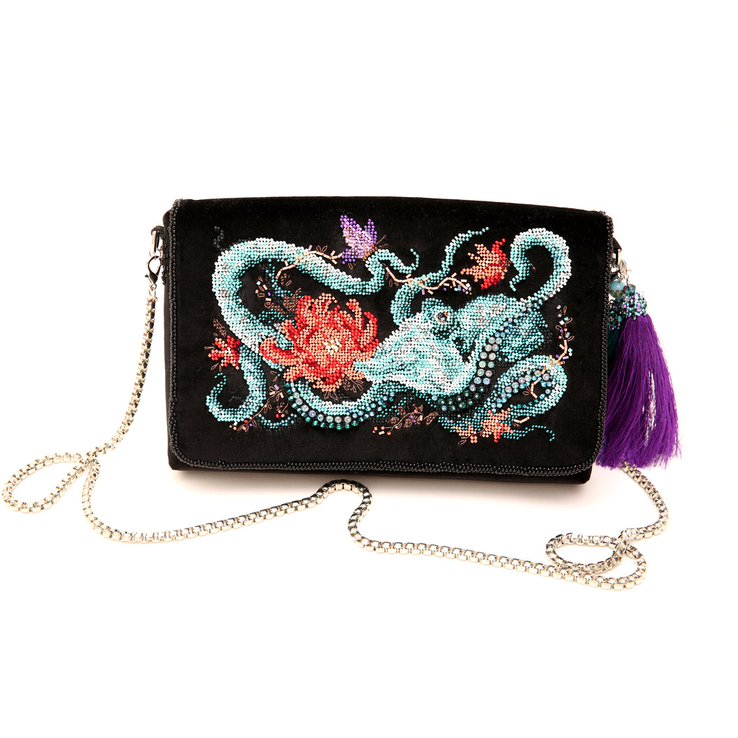 Black Velvet Hand Embroidered Octopus Clutch Purse