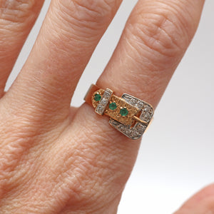 14k Emerald Diamond Buckle Ring