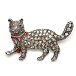 Massive Rose Cut Diamond Cat Brooch