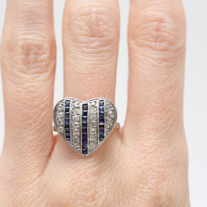 Platinum Diamond Sapphire Art Deco Heart Ring
