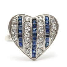 Carica l&#39;immagine nel visualizzatore di Gallery, Platinum Diamond Sapphire Art Deco Heart Ring
