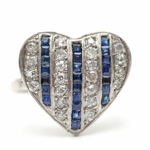 Platinum Diamond Sapphire Art Deco Heart Ring