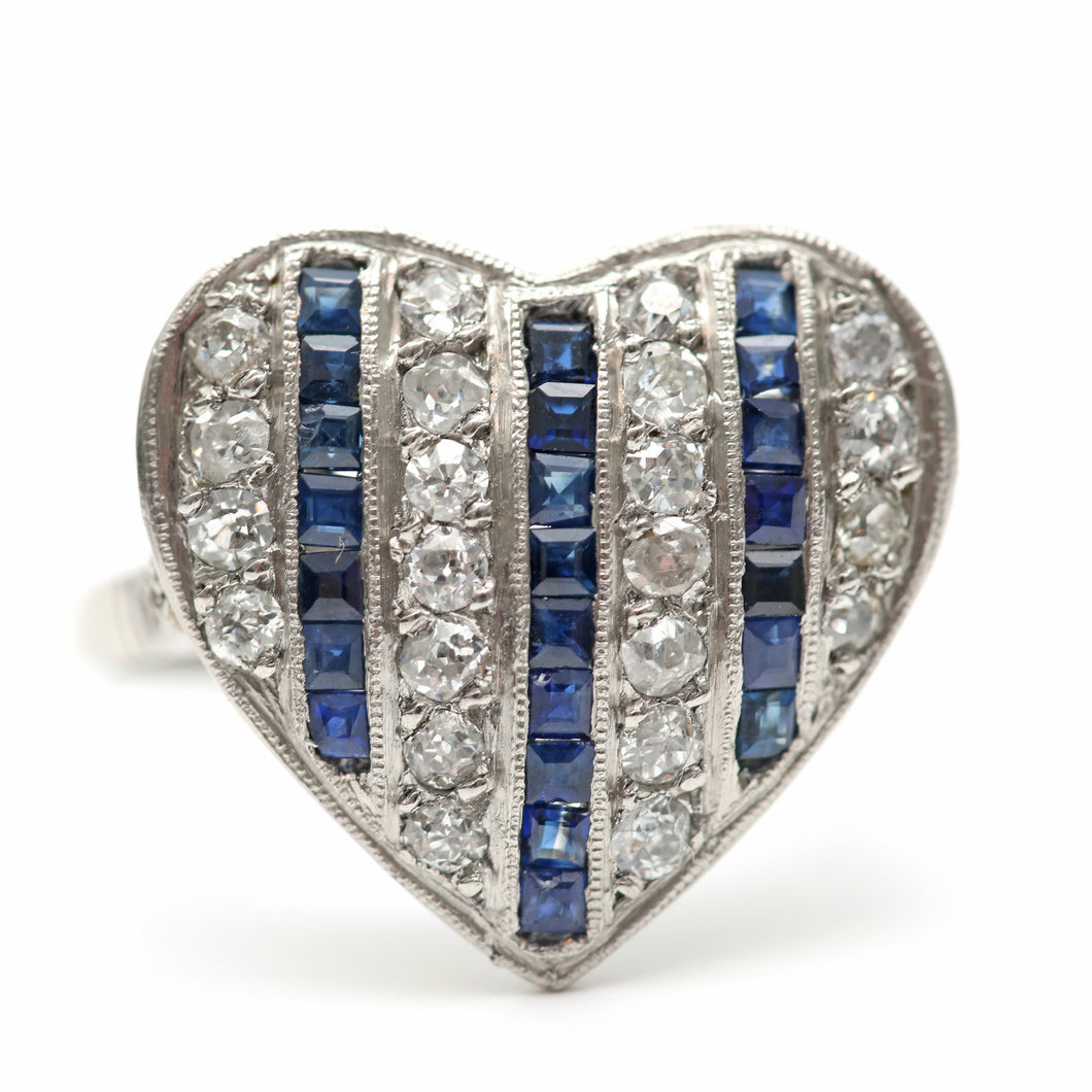 Platinum Diamond Sapphire Art Deco Heart Ring