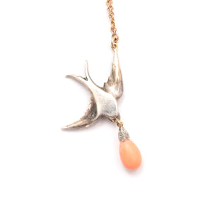 Rose Cut Diamond Swallow w/ Coral Drop