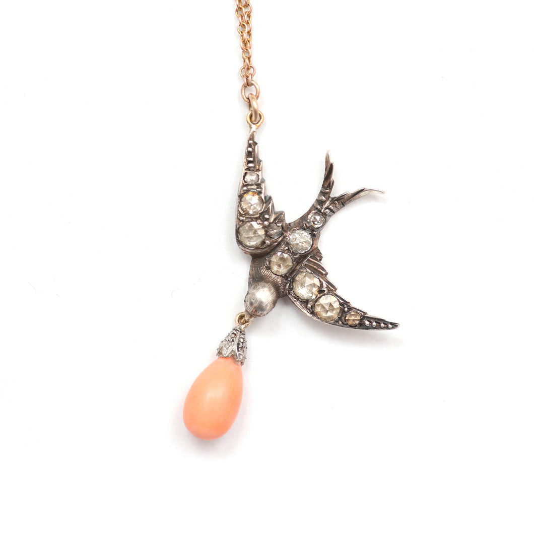 Rose Cut Diamond Swallow w/ Coral Drop