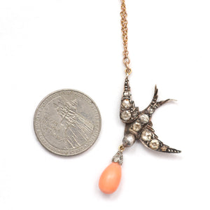Rose Cut Diamond Swallow w/ Coral Drop