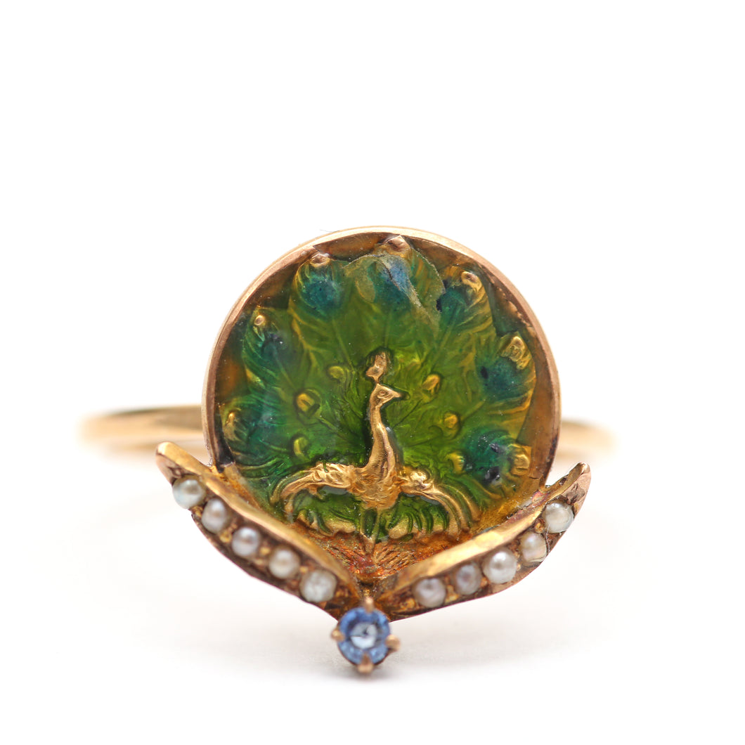 14k Enamel Art Nouveau Peacock Ring