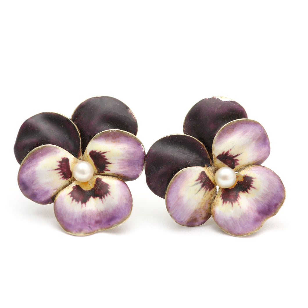 14k Large Purple Enamel Pansy Earrings