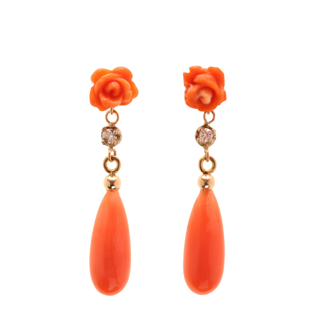 14k Diamond Coral Rose Earrings