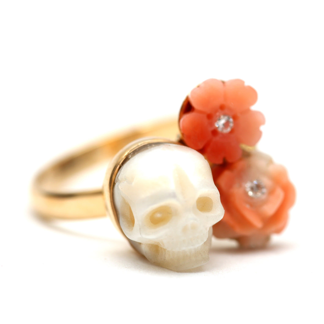 SOLD* 14k Diamond Coral Pearl Skull Ring