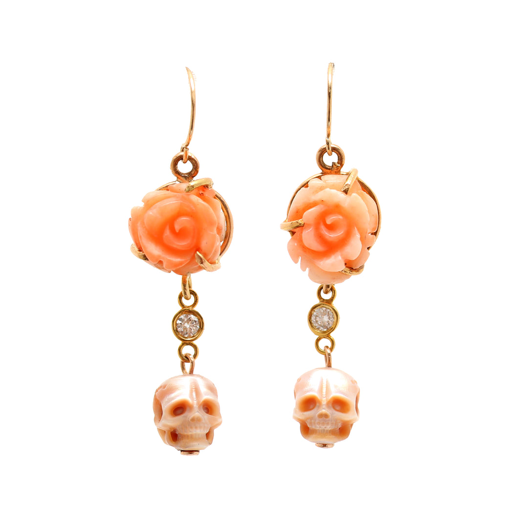 14k Diamond Coral Skull Earrings