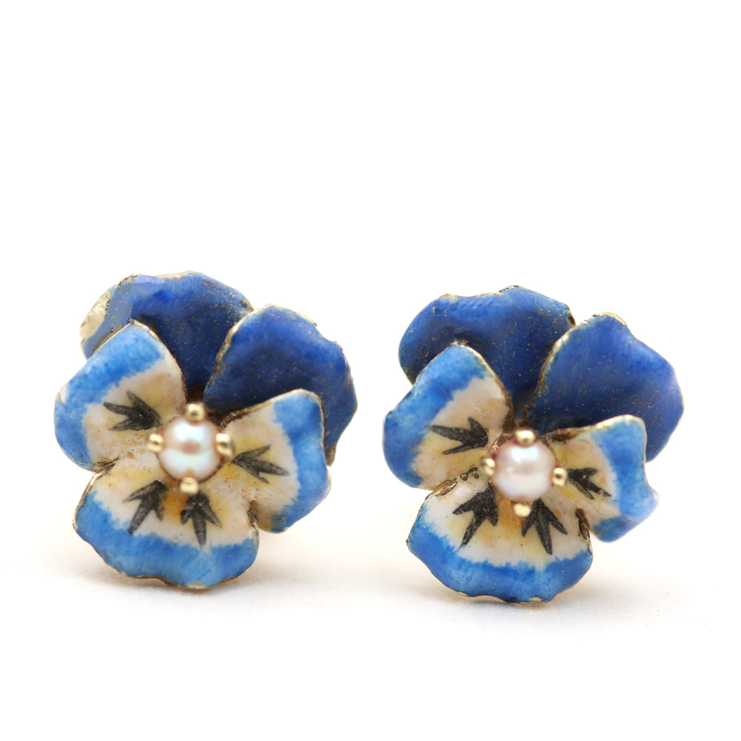 14k Tiny Blue Enamel Pansy Stud Earrings
