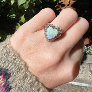 SOLD TO J****18k Old Cut Diamond Opal Heart Ring