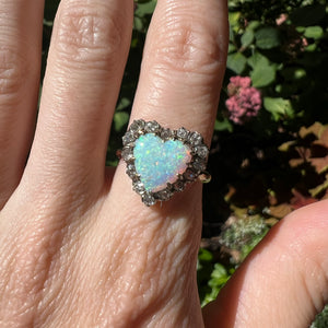 SOLD TO J****18k Old Cut Diamond Opal Heart Ring