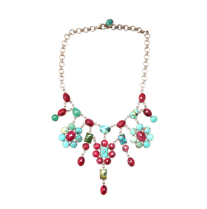 Sterling Turquoise and Ruby Bib Necklace