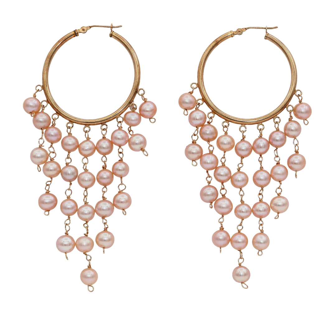 14k Pink Pearl Chandelier Hoop Earrings