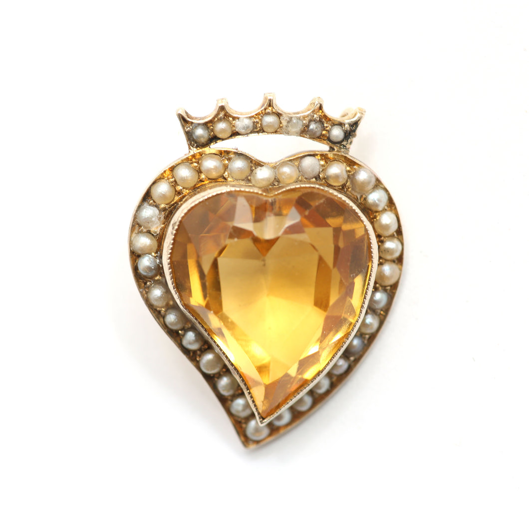Large 9K Crowned Citrine Heart Pendant