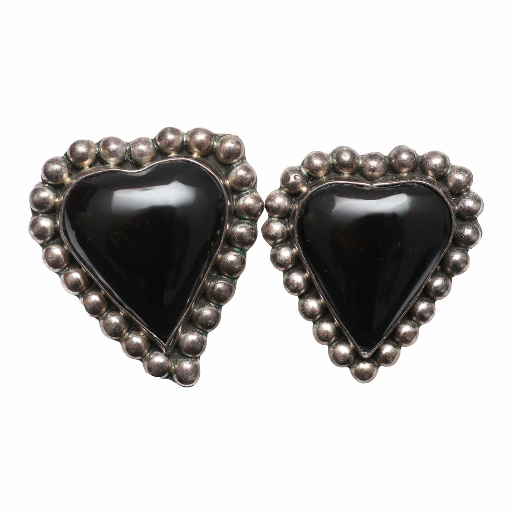 Large Sterling Onyx Heart Earrings