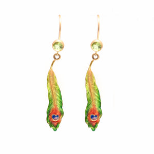 14k Enamel Peacock Feather Earrings