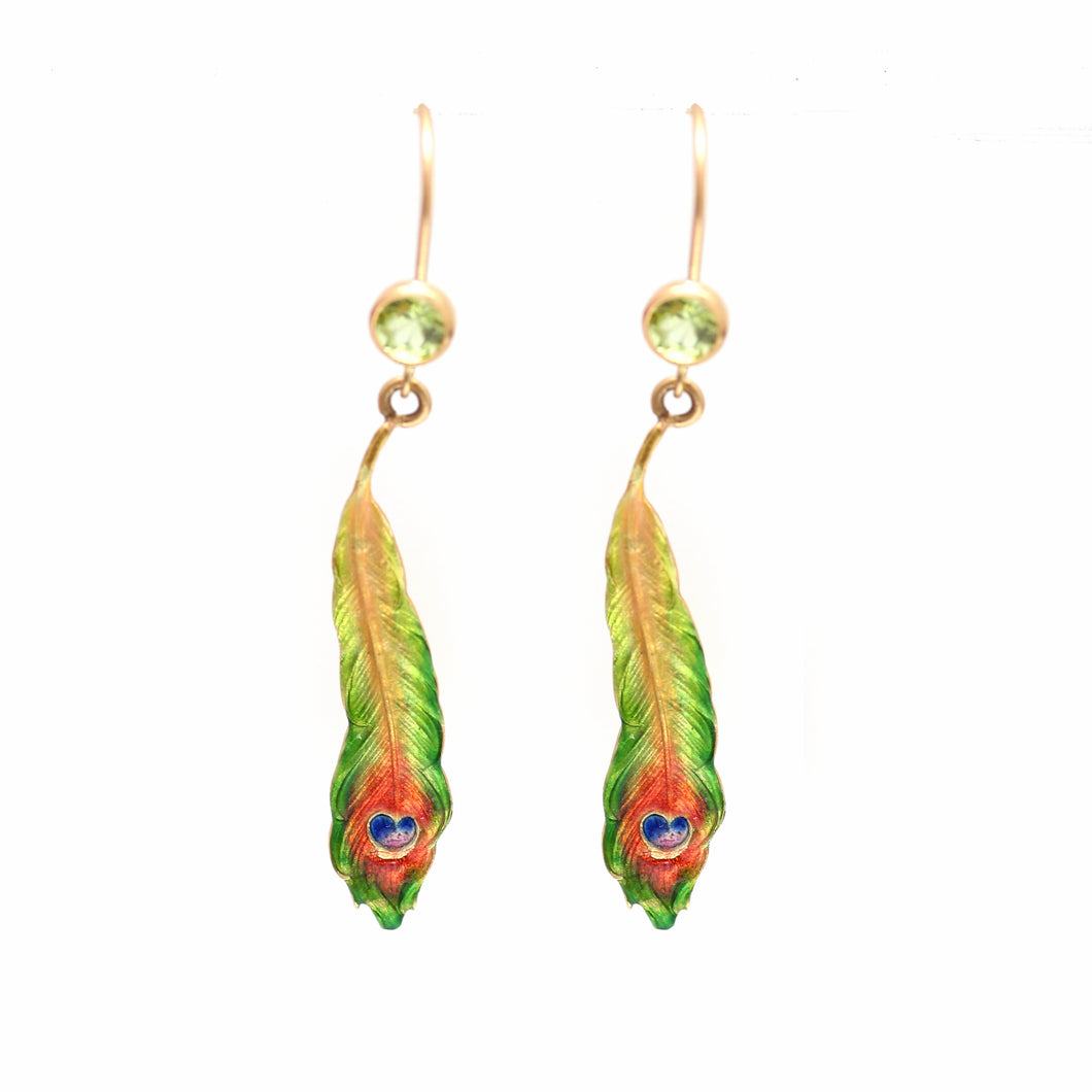 14k Enamel Peacock Feather Earrings