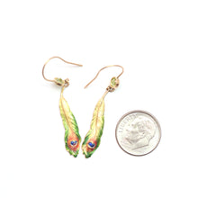 Load image into Gallery viewer, 14k Enamel Peacock Feather Earrings
