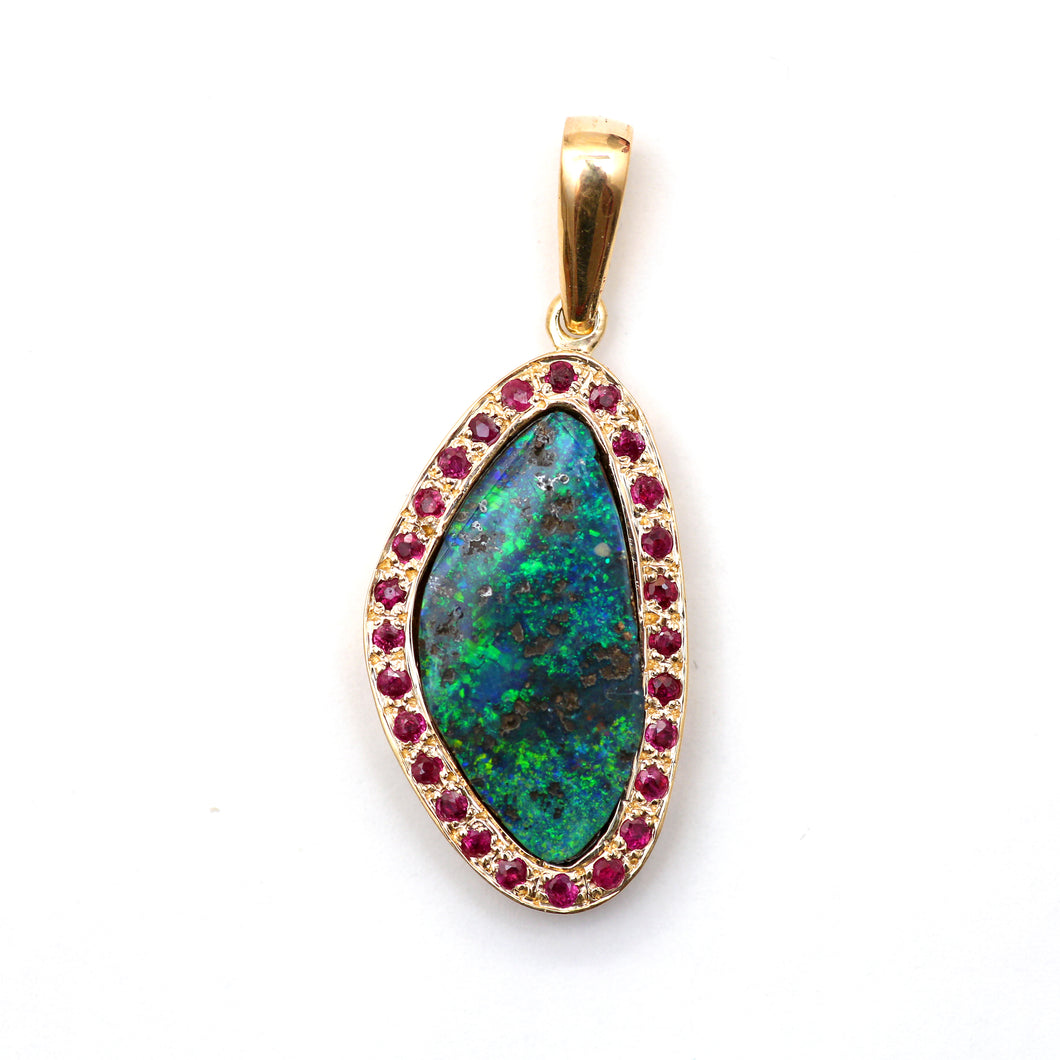 14k Pink Sapphire Boulder Opal Pendant