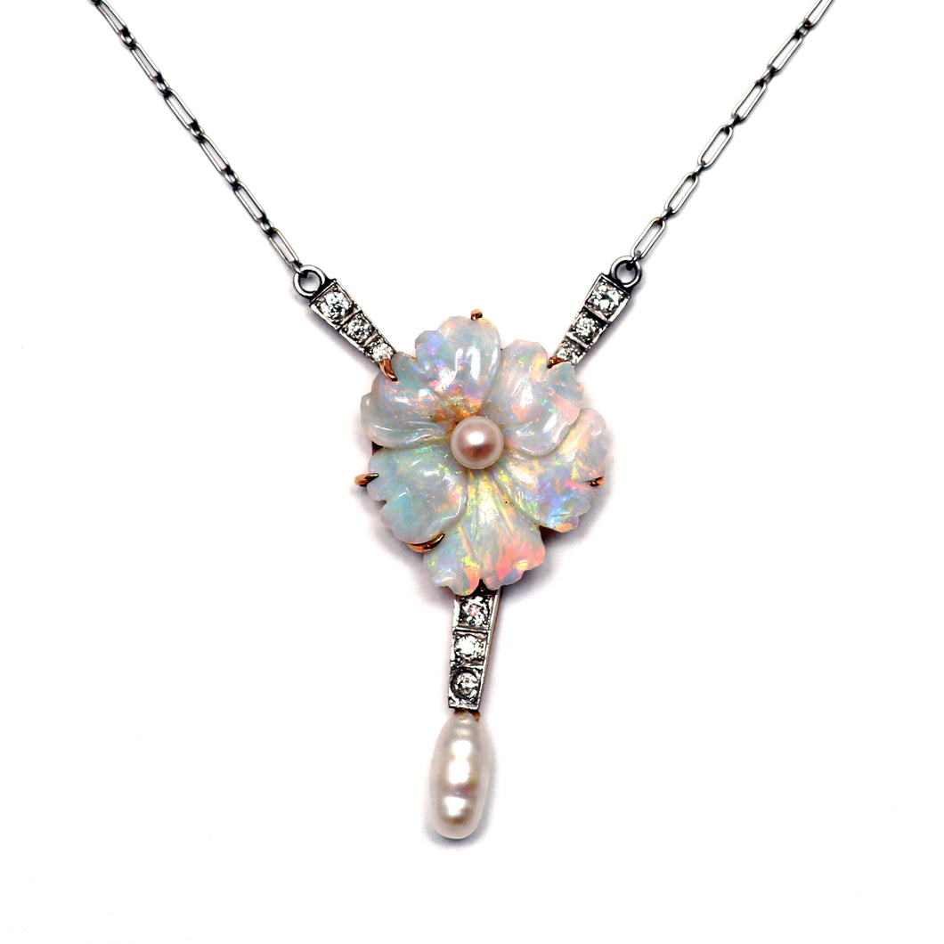 Dreamy Antique Carved Opal Flower Necklace