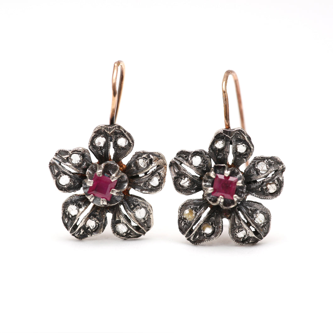 Victorian Diamond Ruby Flower Earrings