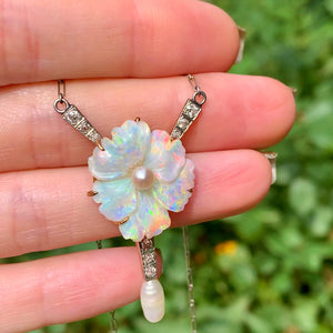 Dreamy Antique Carved Opal Flower Necklace