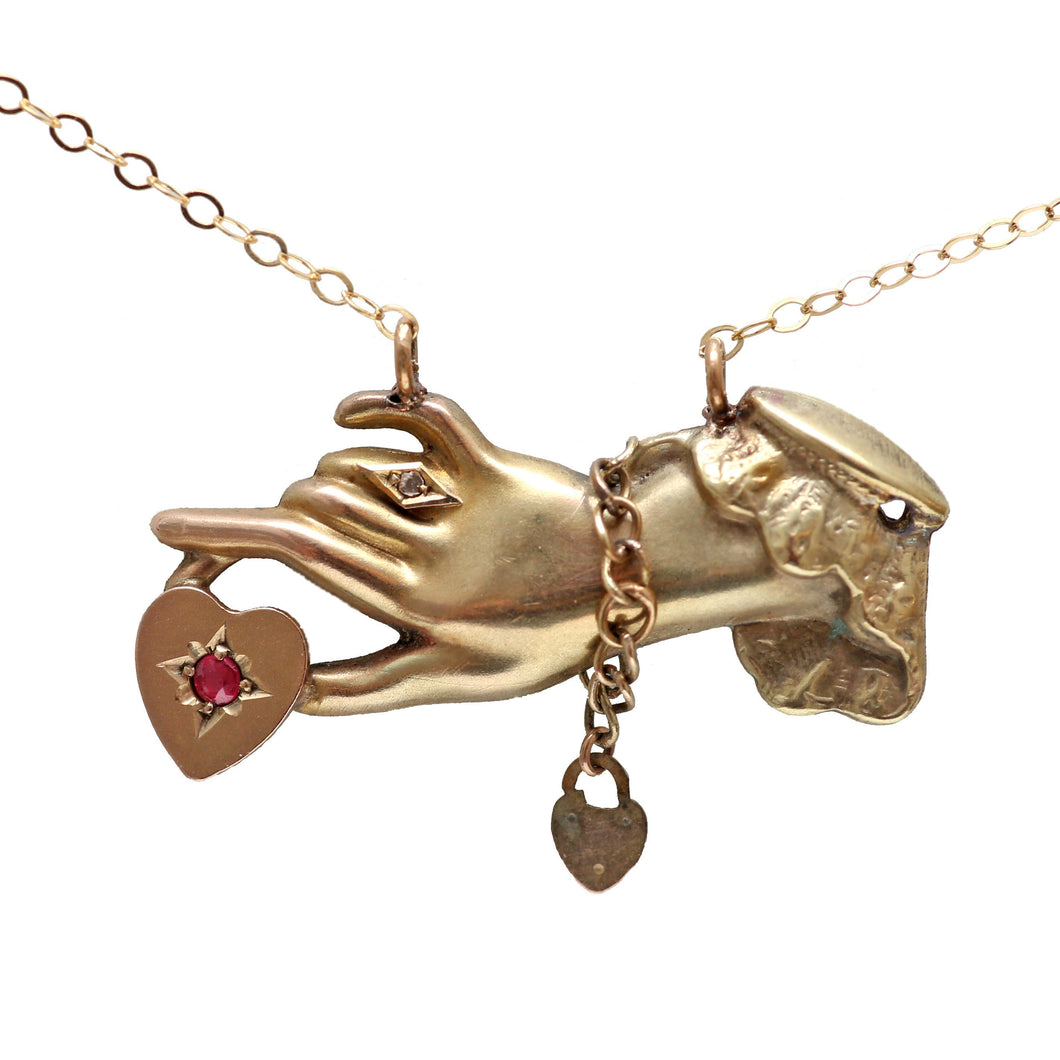 9k Victorian Heart in Hand Figural Necklace