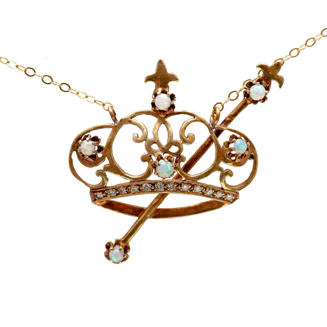 14k Opal Diamond Crown and Scepter Necklace