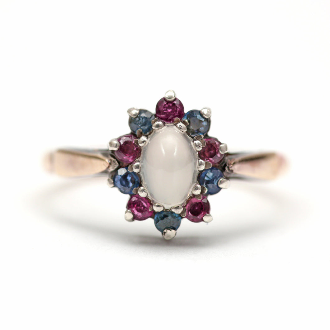 9k Moonstone Sapphire Ruby Halo Ring