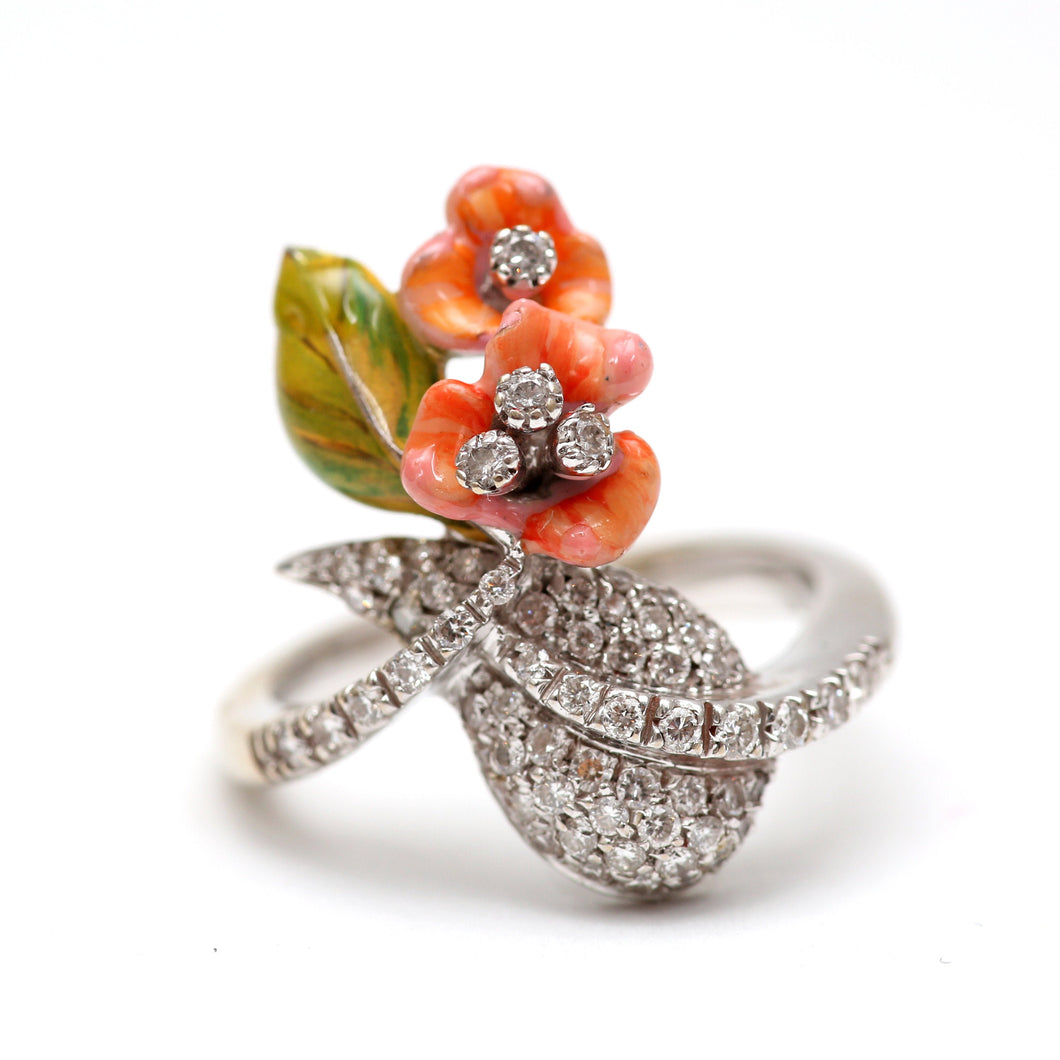 18k Diamond Enamel Flower Ring